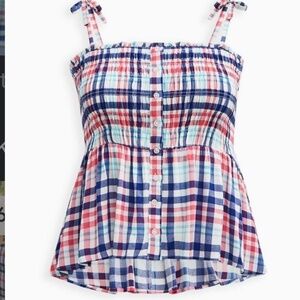 Torrid Plaid Peplum Top 3X Pink Tank Crinkle Gauze Boho Euro Summer Preppy 80s